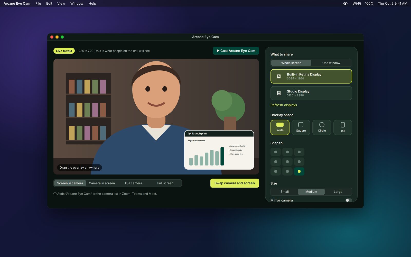 The Arcane Eye Cam window: a presenter on camera with a slide floating in the corner, and the layout controls on the right.